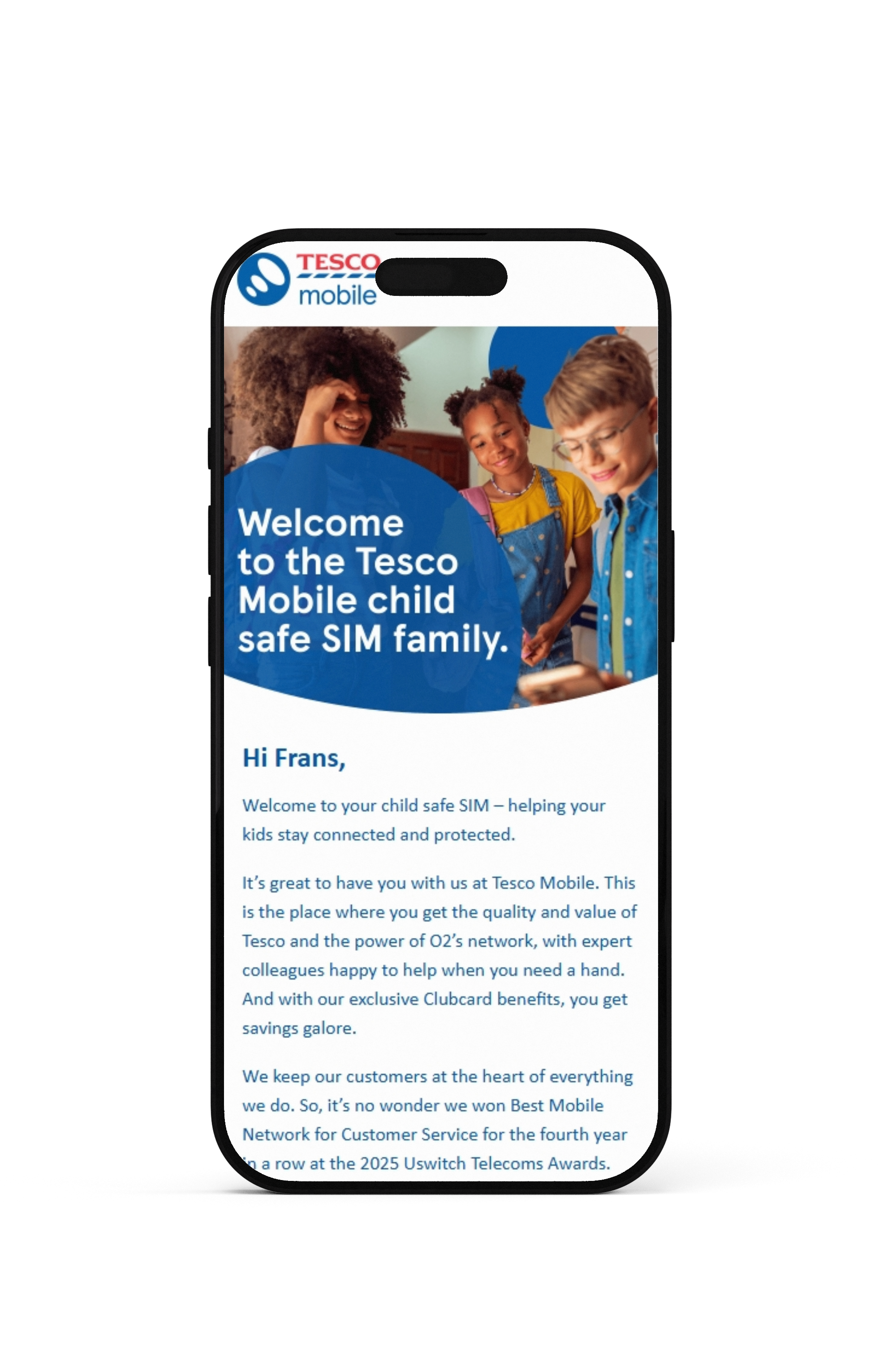 Mobiel mockup Tesco Mobile Child Sim Safe e-mail
