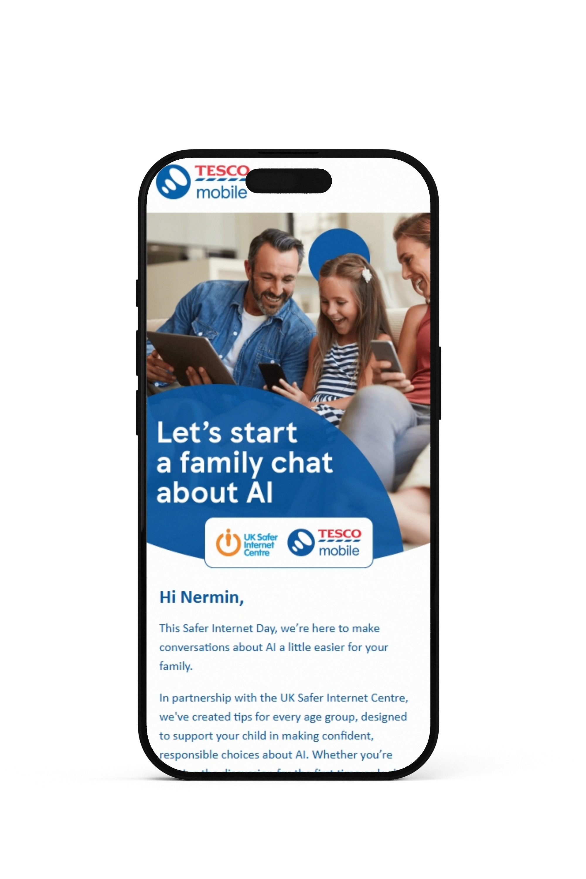 Mobiel mockup Tesco Mobile AI Safety e-mail