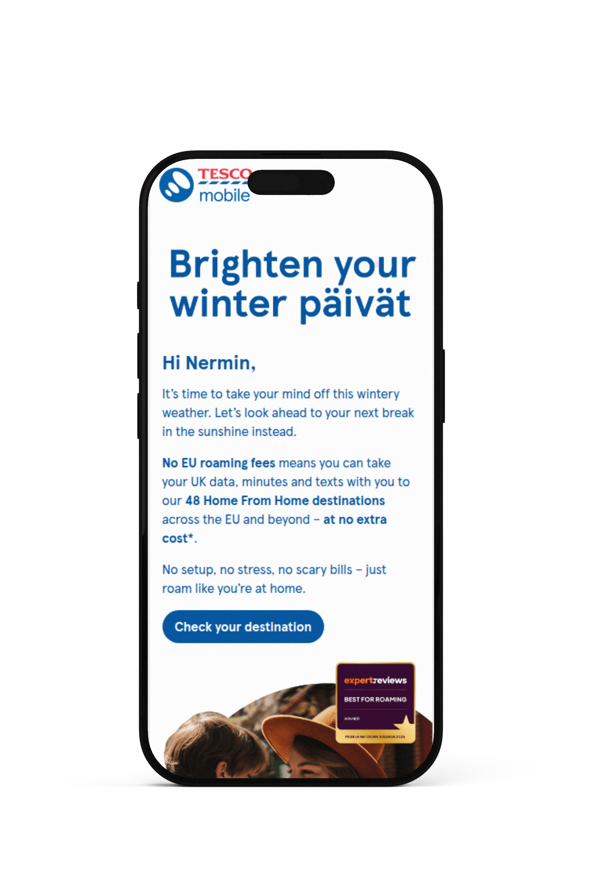 Mobiel mockup Tesco Mobile Roaming e-mail